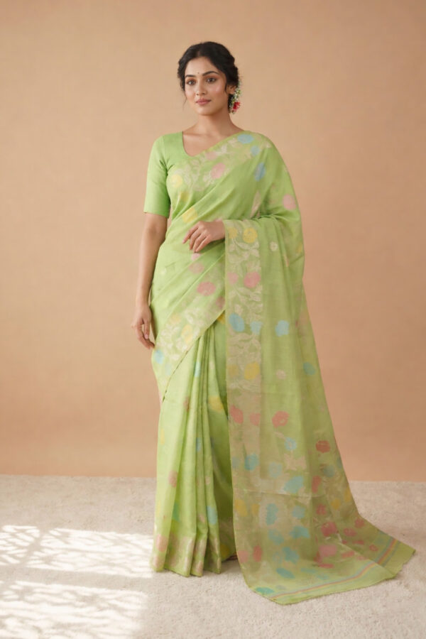 Light Green Floral linen cotton saree.