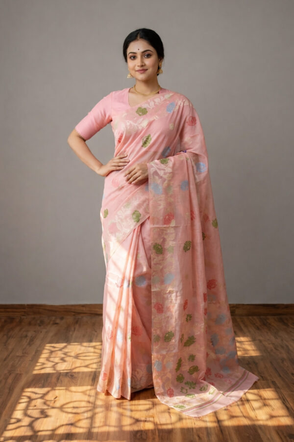 Peach Floral linen cotton Saree