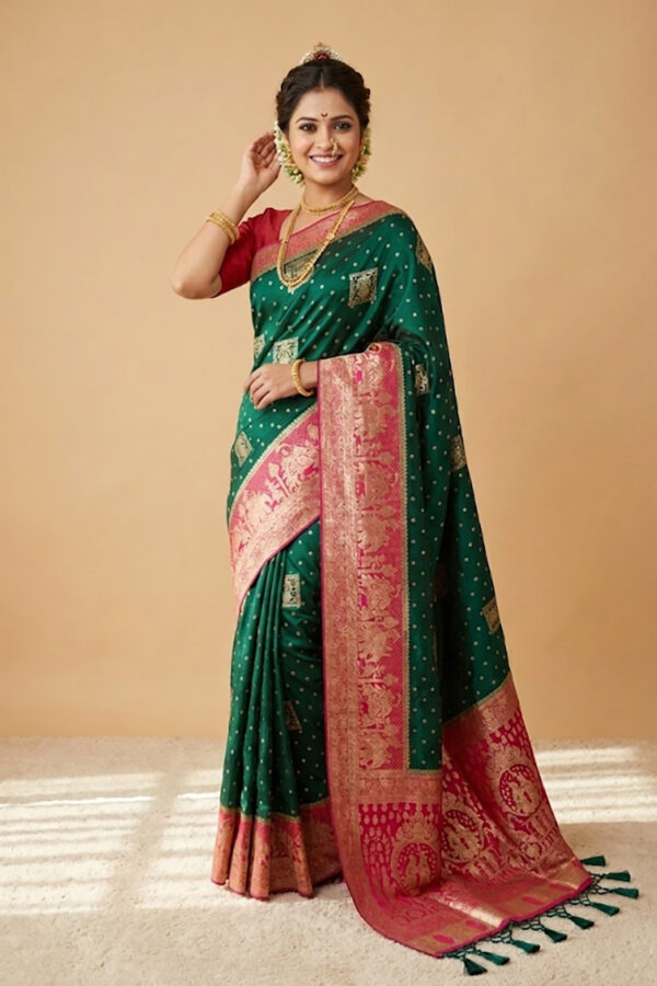 Dark Green Viscos Satin Saree with Baraat Design Pallu.