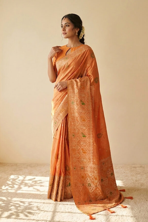 Bright Orange silk Festive Saree with tassels.