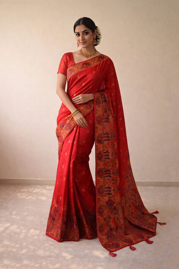 Classic Red silk Festive Saree with tassels.