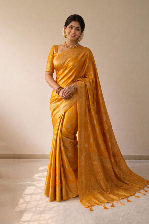 Golden satin silk saree with Hotfix embellishment.