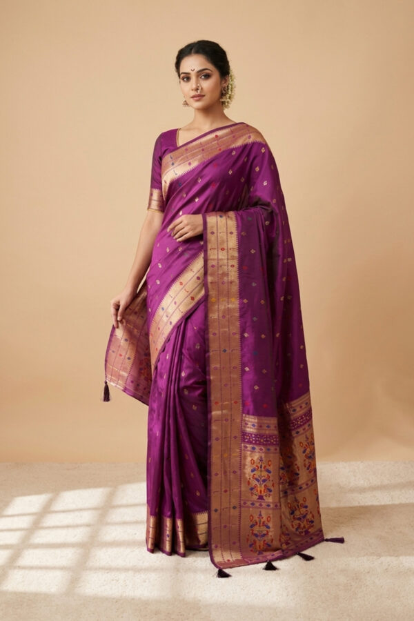 Dark purple satin silk Paithani style saree